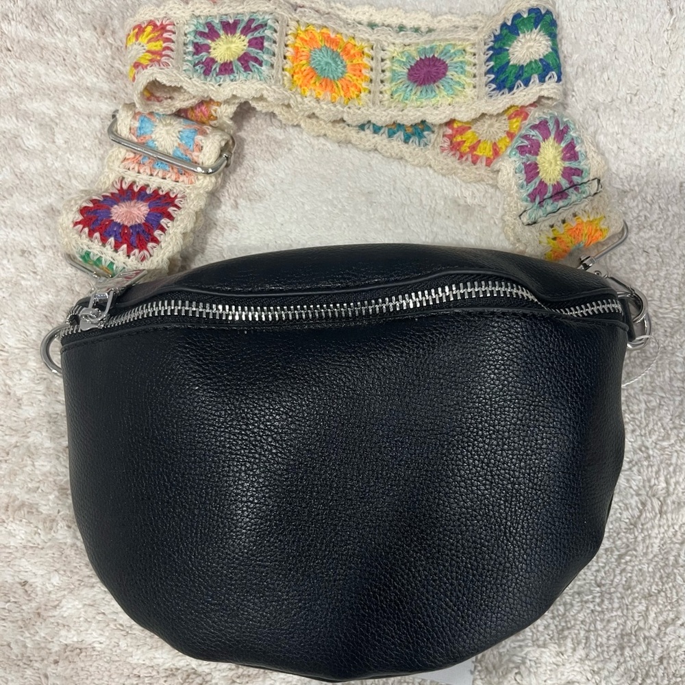 Moda Luxe Black Crossbody Bag with Colorful Crochet Strap